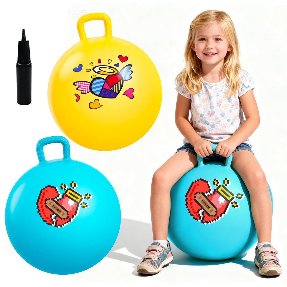 EVERICH TOY 2-Pack Hopper Ball for Kids, 18In Hippity Hop Balls, Yellow & Blue Bouncy Ball with Handle, Indoor Outdoor Active Play Toys Easter Basket Stuffers Girls Boys Gifts for 4 5 6 7 8 Yr Old