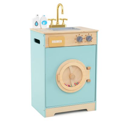 HONEY JOY Kids Laundry Playset, Wooden Toy Washing Machine with Laundry Accessories, Rotary Wheel with Beads, Pretend Play Washer Toy Kitchen Set with Sink & Drawer, Gift for Boys Girls, Blue