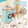 HONEY JOY Kids Laundry Playset, Wooden Toy Washing Machine with Laundry Accessories, Rotary Wheel with Beads, Pretend Play Washer Toy Kitchen Set with Sink & Drawer, Gift for Boys Girls, Blue view 4
