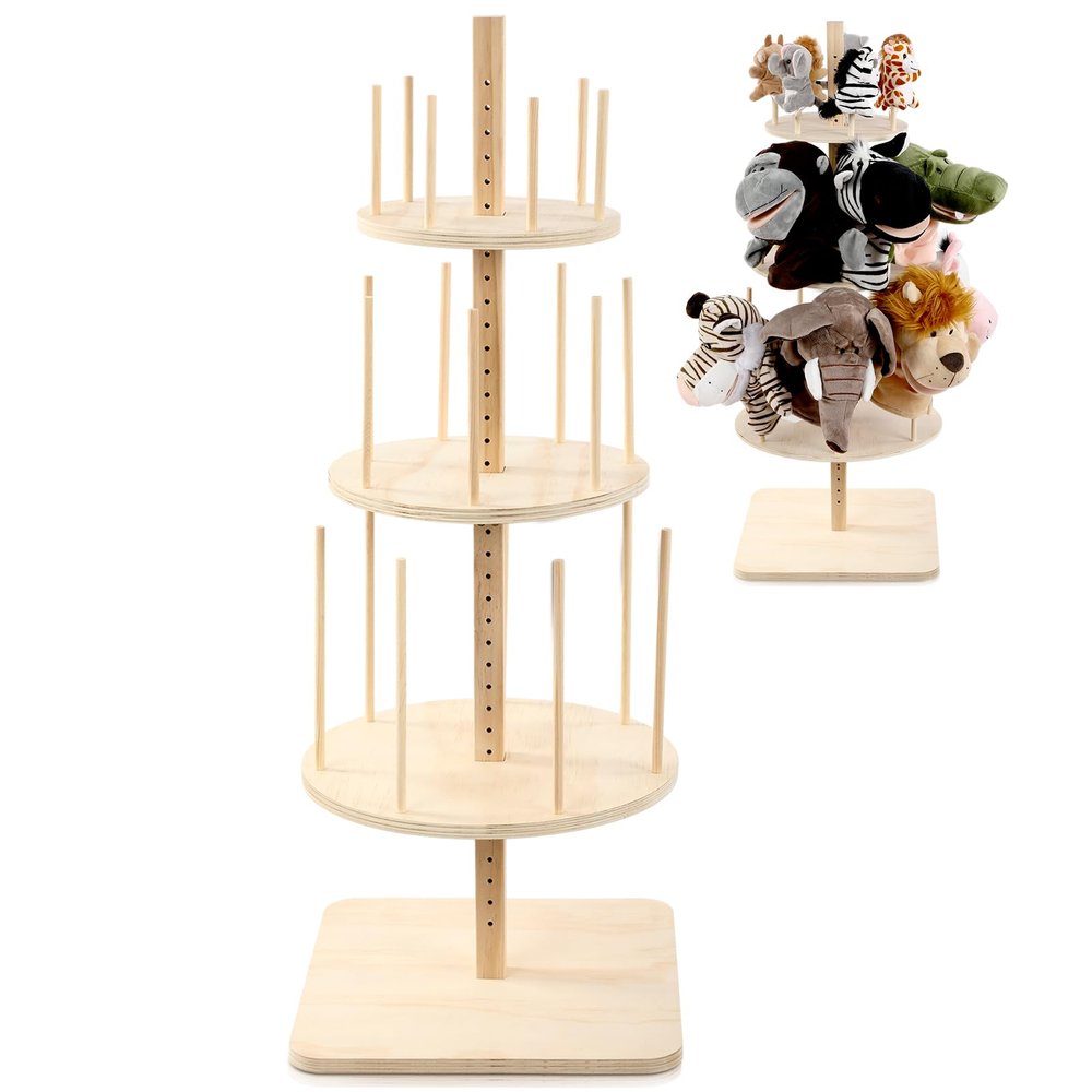 AceOrbit Puppet Stand for 18 Puppets 30 Inches Education Wooden Tree 3 Layer Display Doll Holder Storage Rack for Classroom