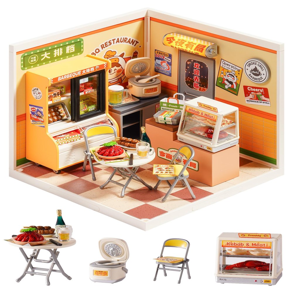 Rolife Super Creator Series, DIY Mini Night Out Food Stall Dollhouse House Kit, Bulid Scenary for Action Collectible Figures, Creative Gifts for Women Adults