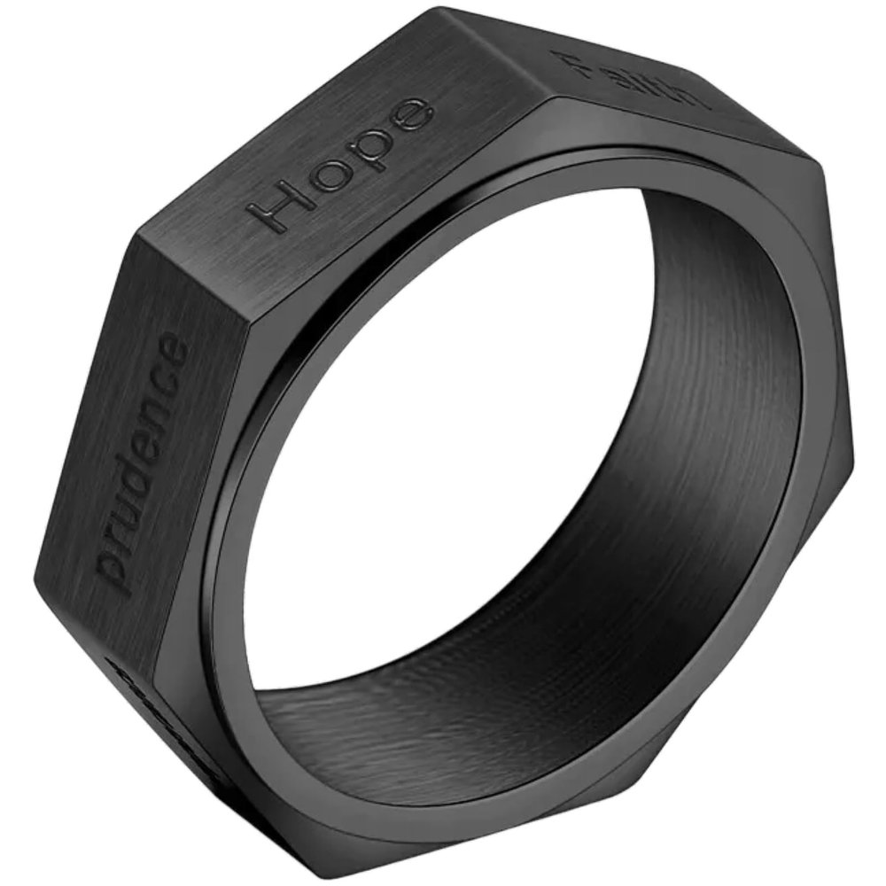 CRNXVDXO Catholic The Seven Holy Virtues Spinner Heptagon Geometric Ring for Men Women Punk Rock Stainless Steel Fidget Anxiety & Stress Relief Rotating Rings Religious Inspirational Jewelry (Black, 11)