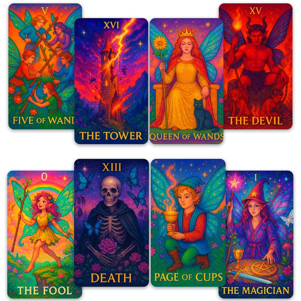 CRAFTERIAN Rainbow Fairy Tarot Deck  78 Magical Cards with Foiled Edges, 96-Page Guidebook & Sturdy Box  Glossy Finish  Cute Colorful Fairy-Themed Tarot for Beginners & Collectors