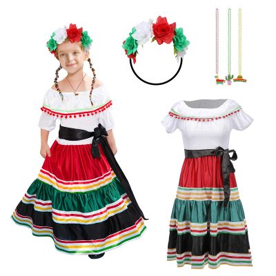 3PCS Traditional Mexican Dress for Girls, Folklorico Dance Fiesta Dress Outfit for Masquerade Halloween Party (Medium)