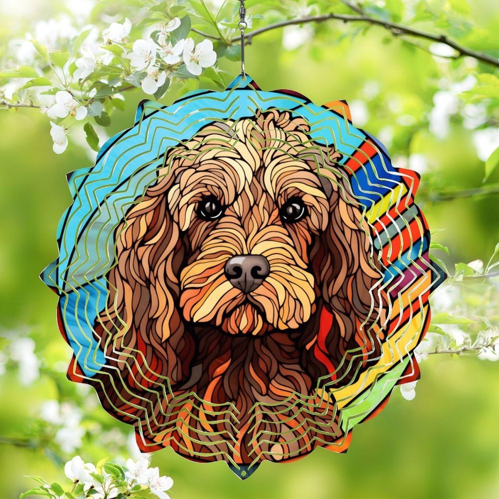 1 Pack Cockapoo Dog Dog Hanging Wind Spinner 10 Inch Stained Glass Dog Outdoor Flowers Shape Design 3D Hanging Wind Spinner for Window Porch Balcony Dog Lover Worth Gift