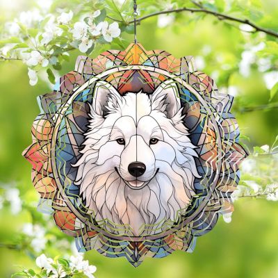 1 Pack Samoyed Dog Hanging Wind Spinners 10 Inch Stained Glass Dog Farmhouse Flowers Shape Design Aluminum Metal Wind Spinners for Garden Window Home Dog Owner Worth Gift