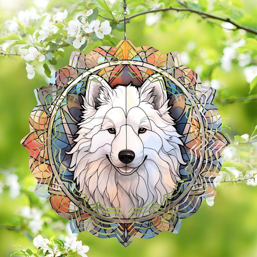 1 Pack Samoyed Dog Hanging Wind Spinners 10 Inch Stained Glass Dog Farmhouse Flowers Shape Design Aluminum Metal Wind Spinners for Garden Window Home Dog Owner Worth Gift