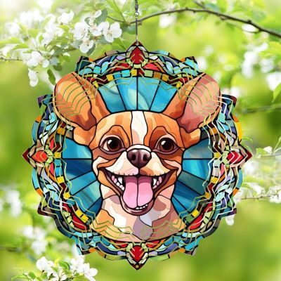 1 Pack Chihuahua Dog Wind Spinners 10 Inch Stained Glass Dog Yard Flowers Shape Design Metal 3D Hanging Art for Home Outdoor Indoor Dog Mom Dad Worth Gift