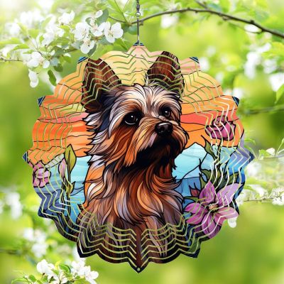 1 Pack Australian Terrier Dog Wind Spinners 10 Inch Stained Glass Dog Window Flowers Shape Design Art Ornament for Home Porch Balcony Dog Lovers Christmas Women Gift