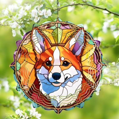 1 Pack Corgi Dog Wind Spinners 10 Inch Stained Glass Dog Outdoor Flowers Shape Design Laser Cut Metal Kinetic Art Wind Spinner for Front Door Balcony Garden Dog Owner Worth Gift