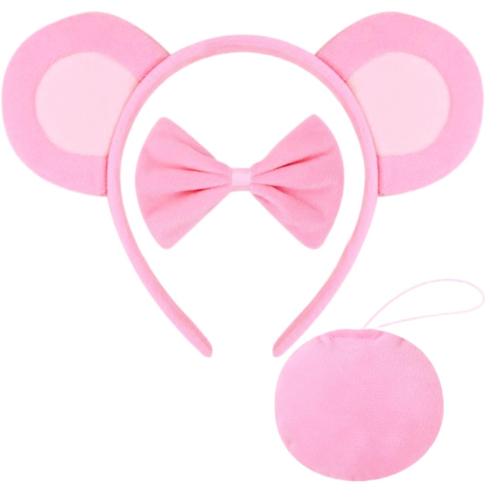 JazSwirl Bear Ears and Tail Set, 3PCS Cute Bear Ears Headband with Bow Tie and Tail for Adults, Plush Bear Ears for Halloween Cosplay (Pink)