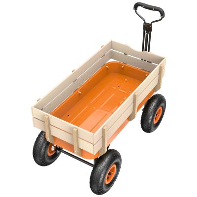 VINGLI Cargo Wagon Cart for Kids, All Terrain Wagon with Wood Railing 10-inch Pneumatic Turf Tires Children Garden Outdoor Red (Orange)