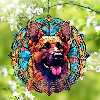 1 Pack German Shepherd Dog Hanging Wind Spinner 10 Inch Stained Glass Dog Window Flowers Shape Design Aluminum Metal Wind Spinners for Porch Balcony Front Door Dog Owner Christmas Women Gift