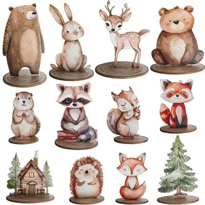 12Pcs Woodland Animal Figurines and Wooden Table Signs Enchanted Forest Decor Rustic Tiered Tray Centerpieces for Baby Shower Birthday Camp Party Supplies Cake and Tabletop Decoration (Forest Animal)