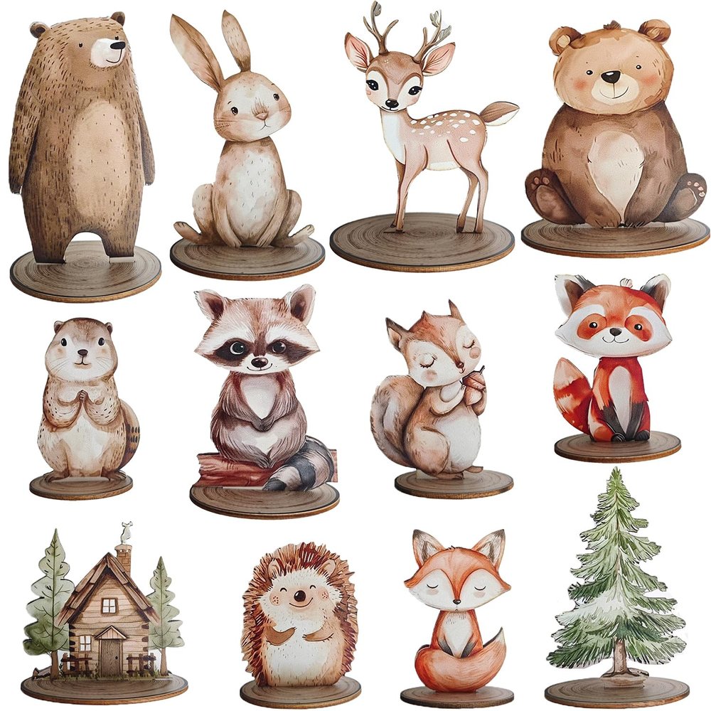 12Pcs Woodland Animal Figurines and Wooden Table Signs Enchanted Forest Decor Rustic Tiered Tray Centerpieces for Baby Shower Birthday Camp Party Supplies Cake and Tabletop Decoration (Forest Animal)