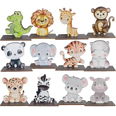 12Pcs Woodland Animal Figurines and Wooden Table Signs Enchanted Forest Decor Rustic Tiered Tray Centerpieces for Baby Shower Birthday Camp Party Supplies Cake and Tabletop Decoration (Jungle Animal)