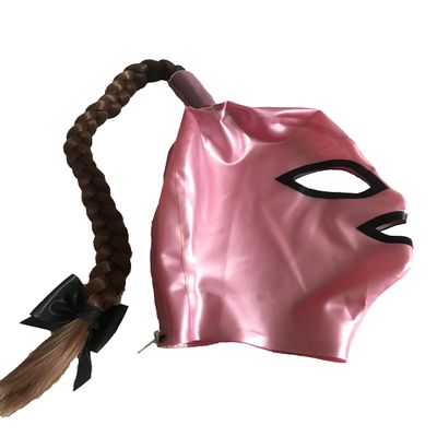 Latex Fetish Hood Rubber Mask with Braids Hair Zipper Cosplay (Pink, XS)