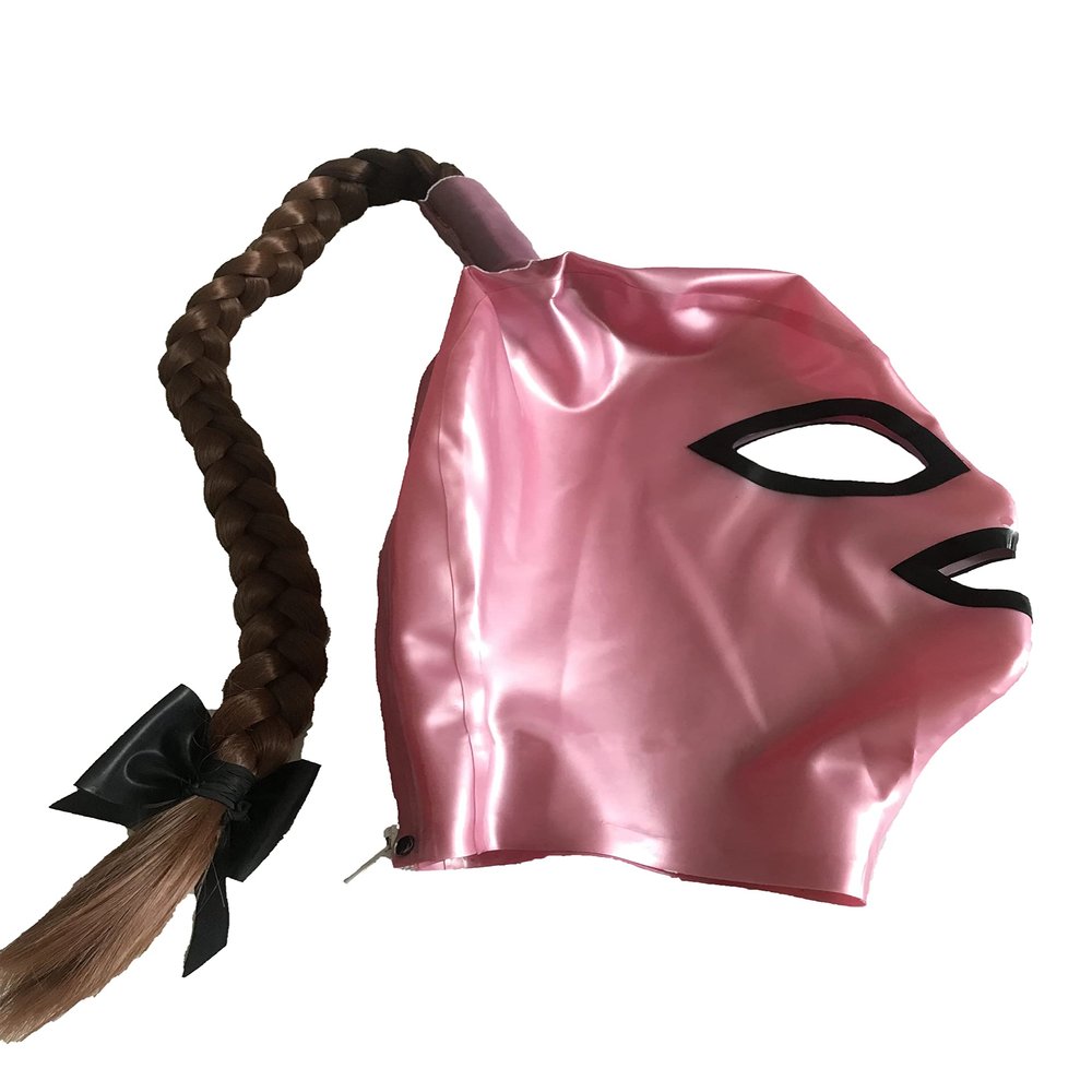 Latex Fetish Hood Rubber Mask with Braids Hair Zipper Cosplay (Pink, XS)