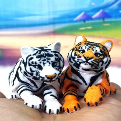 2pcs 3D Printed Tiger, Animal Creature Flexible Tiger Toys, 6.5 Inches Articulated Fidget Animal for Home Office Executive Desk Decoration AT001-WHTE/ORANGE