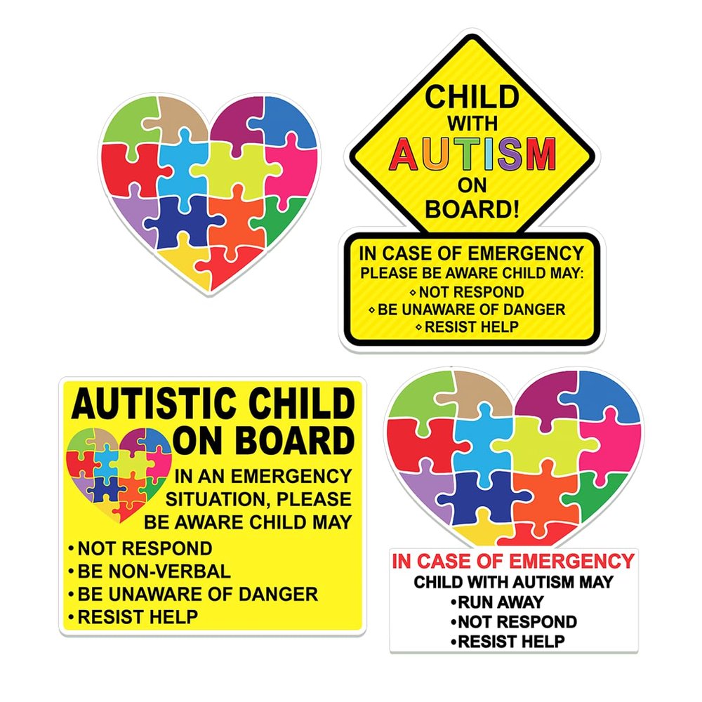 Autism Awareness Puzzle Heart Sticker Vinyl Decal Pack for Emergency Safety Notification in Vehicles Autistic Child On Board Sign 4Pcs Durable and Visible