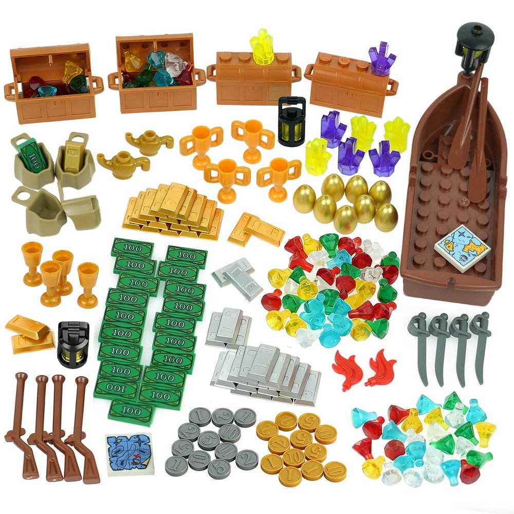 228pcs Money Treasure Bank Pirate Ships Accessories, Cash Chest Maps Dollar Jewel Gems Diamonds Gold Bar Coins Goblet Map Crystals Bill Cash Bricks Pieces Parts Sets, Friends City Building Blocks