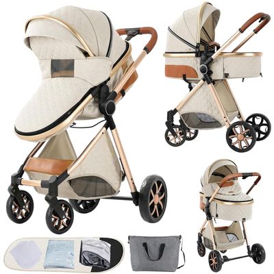 2 in 1 Baby Stroller, Reversible Convertible Infant Stroller of One-Click Folding, Newborn Travel Strollers Toddler Standard Pram Carriage White