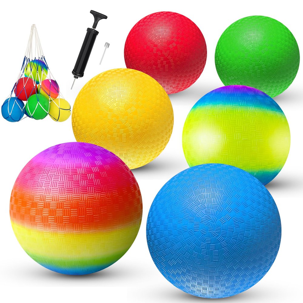 comethu 8.5 Inch Playground Balls Dodgeballs for Kids & Adults, Pack of 6  Inflatable Colorful Rubber Kickball with Ball Pump and Net Bag
