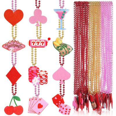 Ferreve 36 Pcs Casino Valentines Beaded Necklaces Red Pink Galentine's Day Party Favors 12 Styles Lucky in Love Bachelorette Necklaces for Vegas Poker Party Supplies Decors (Lucky in Love)