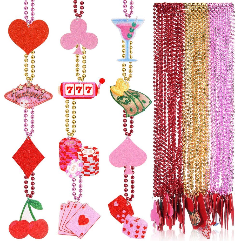 Ferreve 36 Pcs Casino Valentines Beaded Necklaces Red Pink Galentine's Day Party Favors 12 Styles Lucky in Love Bachelorette Necklaces for Vegas Poker Party Supplies Decors (Lucky in Love)