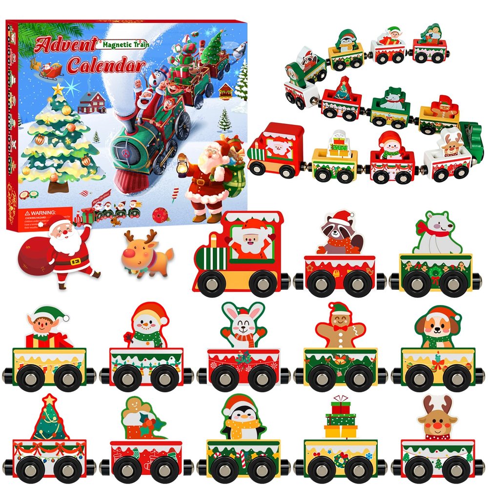 Advent Calendar 2025 Magnetic Wooden Animal Train for Kids,24 Day Christmas Advent Calendar Surprise Train,Montessori Magnetic Train Toy Christmas Countdown Gift for Toddlers,Boys and Girls