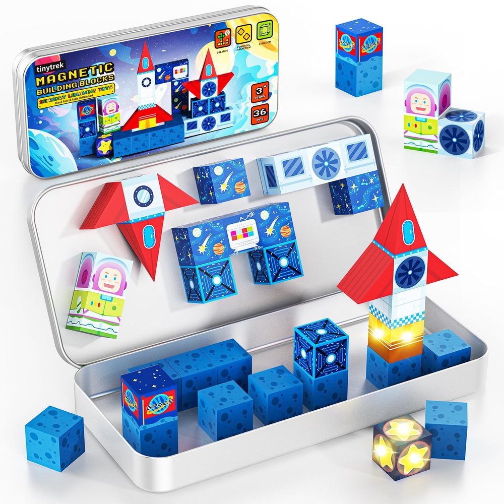 36 PCS Mini Magnetic Tiles Travel Set with Portable Iron Storage Box, STEM Learning Magnetic Building Blocks with LED Light-Up Glow in The Dark, Montessori Sensory Toys Gifts for Toddler, Boys & Girls
