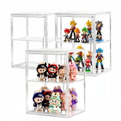3 Pack Large Clear Acrylic Display Case for Collectibles Compatible with Labubu, Stackable Storage Box with Adjustable Layer and Magnetic Door, Dust-Proof Organizer for Figures, Home Office Supplies