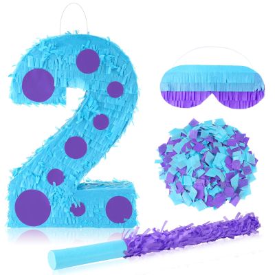 Arrowbash Monster Number Two Pinata with Stick Blindfold Confetti Monster Themed Piata 16 x 11 x 3 in Fillable Hanging Decoration for 2nd Birthday Party Supplies and Decorations