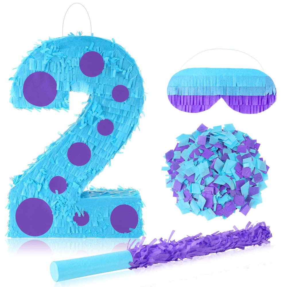 Arrowbash Monster Number Two Pinata with Stick Blindfold Confetti Monster Themed Piata 16 x 11 x 3 in Fillable Hanging Decoration for 2nd Birthday Party Supplies and Decorations