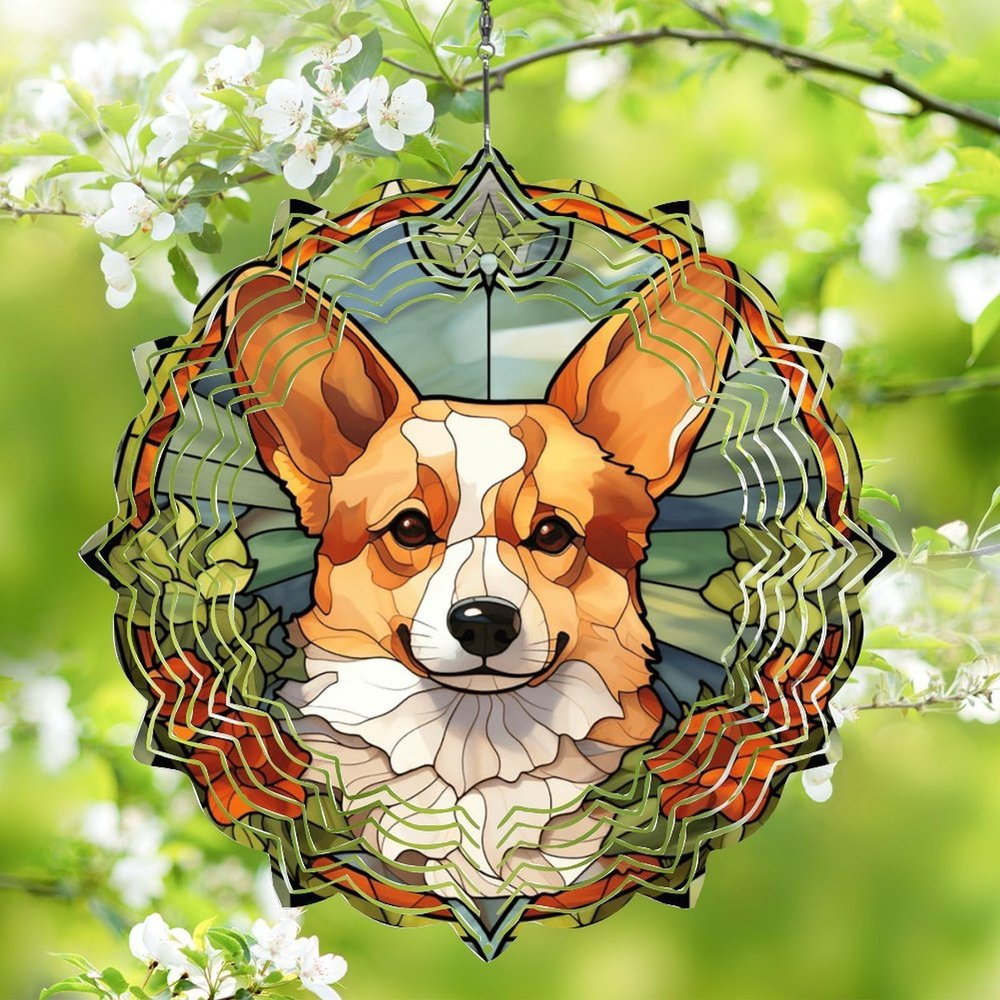 1 Pack Pembroke Welsh Corgi Dog Wind Spinners 10 Inch Stained Glass Dog Front Door Flowers Shape Design Metal 3D Hanging Art Wind Spinner for Indoor Farmhouse Garden Dog Lover Worth Gift