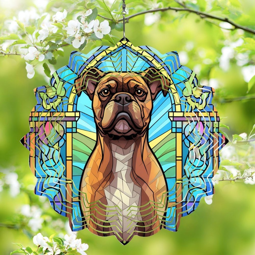 1 Pack Boxer Dog Hanging Wind Spinner 10 Inch Stained Glass Dog Front Door Flowers Shape Design 3D Hanging Wind Spinner for Garden Porch Home Dog Mom Dad Christmas Women Gift