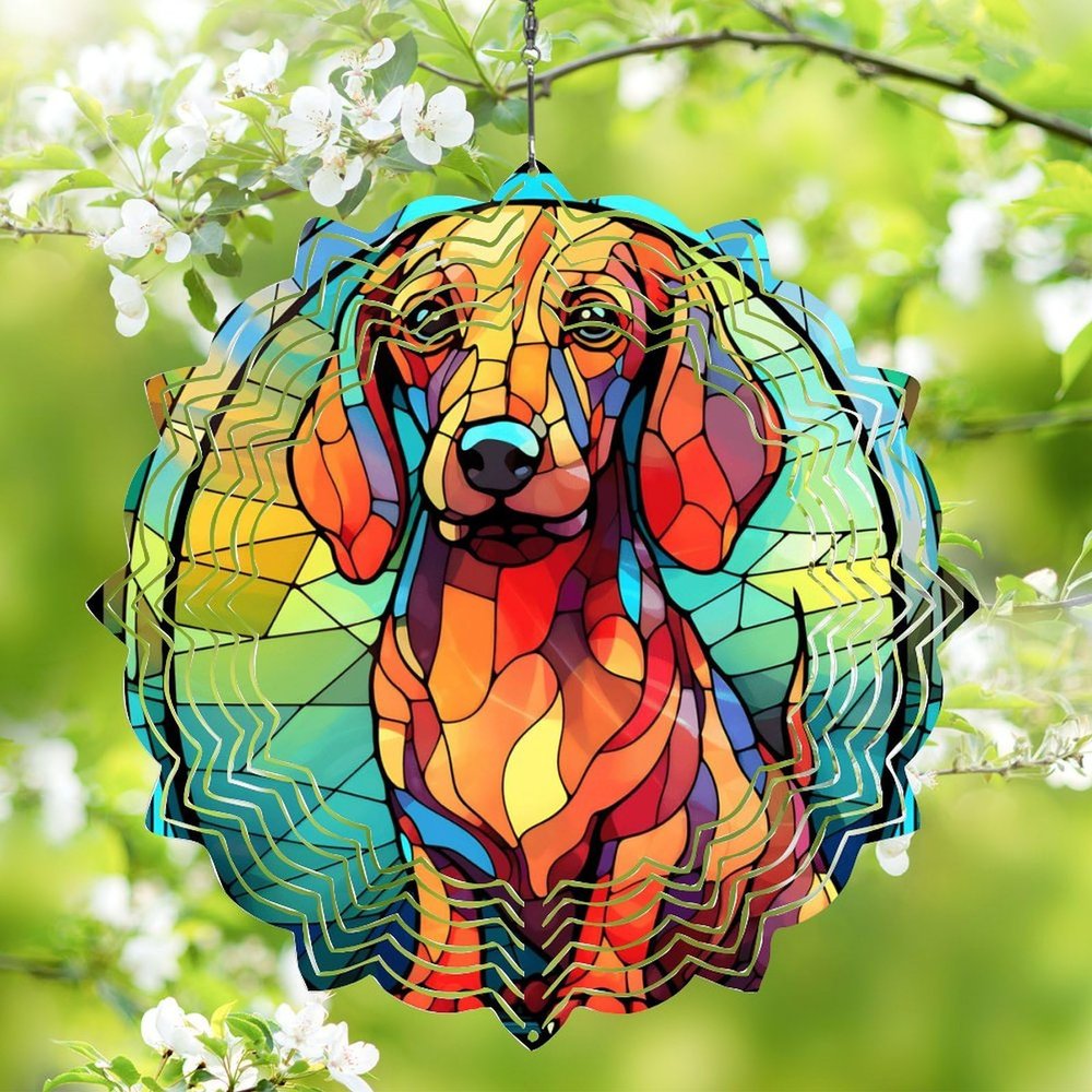 1 Pack Dascshund Dog Hanging Wind Spinner 10 Inch Stained Glass Dog Front Door Flowers Shape Design Metal Wind Sculpture Decorations for Farmhouse Garden Window Dog Owner Gift for Women Men