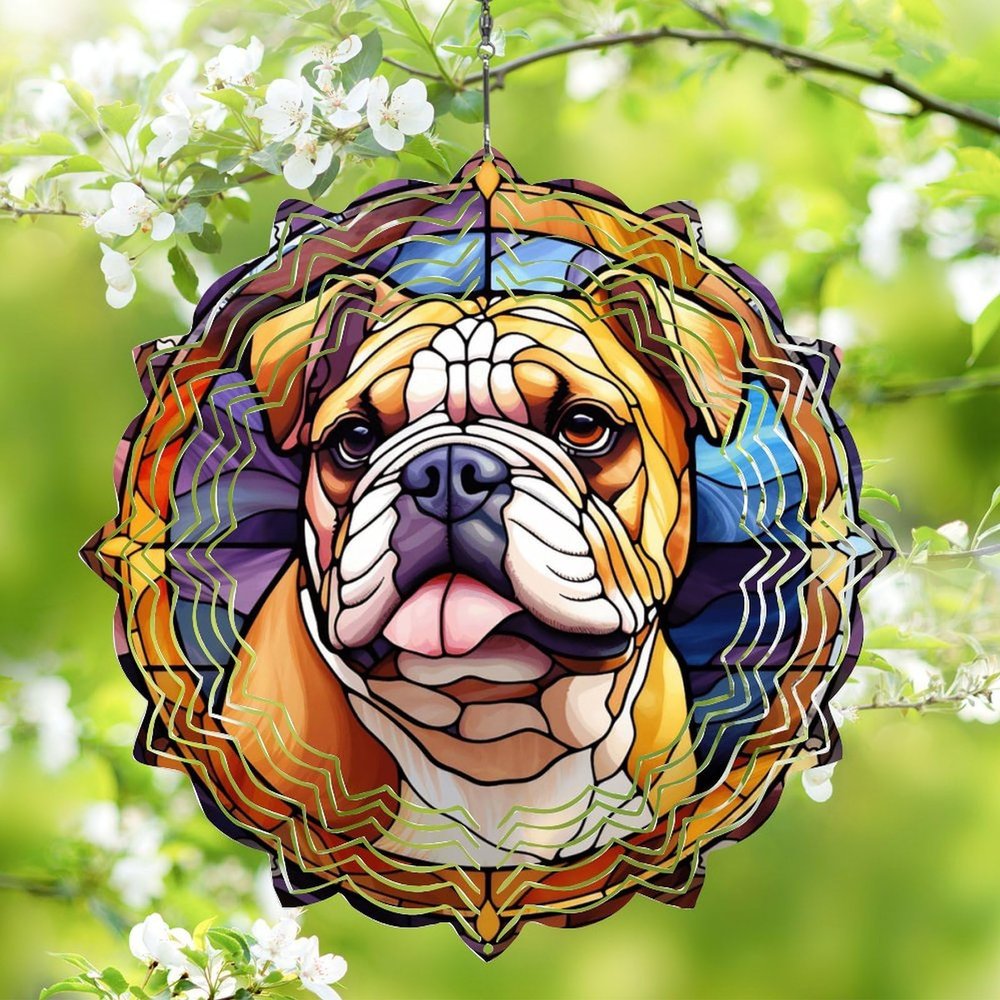 1 Pack Bulldog Dog Hanging Wind Spinner 10 Inch Stained Glass Dog Yard Flowers Shape Design Metal 3D Hanging Art Wind Spinner for Indoor Garden Porch Dog Lovers Christmas Women Gift