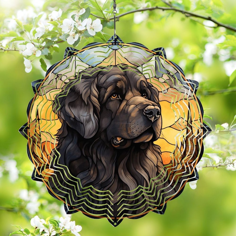 1 Pack Newfoundland Dog Hanging Wind Spinner 10 Inch Stained Glass Dog Front Door Flowers Shape Design 3D Christmas Ornament for Porch Farmhouse Balcony Dog Lovers Worth Gift