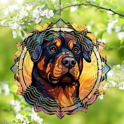 Hanging Wind Spinners - Rottweiler Dog Stained Glass Customize Metal Wind Spinners Floral Shape Design Decor for Indoor Window Outdoor Dog Owner Worth Gift, 10", 12", 14", 16" Multi Size