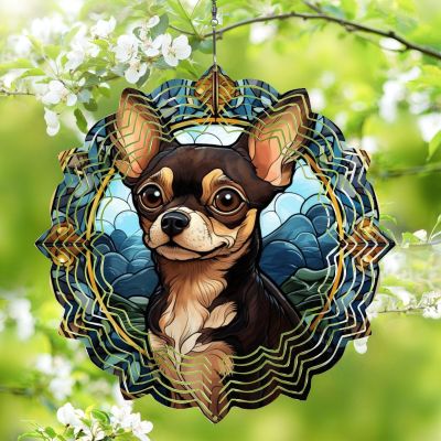 1 Pack Chihuahua Dog Hanging Wind Spinners 10 Inch Stained Glass Dog Balcony Flowers Shape Design Metal Wind Spinners for Home Indoor Porch Dog Lovers Gift for Women Men