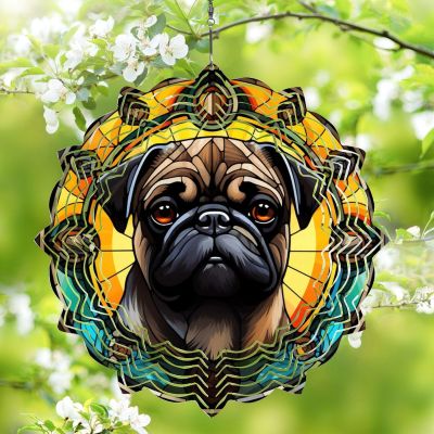 1 Pack Pug Dog Wind Spinners 10 Inch Stained Glass Dog Home Flowers Shape Design Metal 3D Hanging Art Wind Spinner for Window Balcony Garden Dog Lovers Gift for Women Men