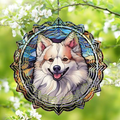1 Pack American Eskimo Dog Dog Wind Spinners 10 Inch Stained Glass Dog Farmhouse Flowers Shape Design 3D Christmas Ornament for Home Front Door Window Dog Lover Gift for Women Men