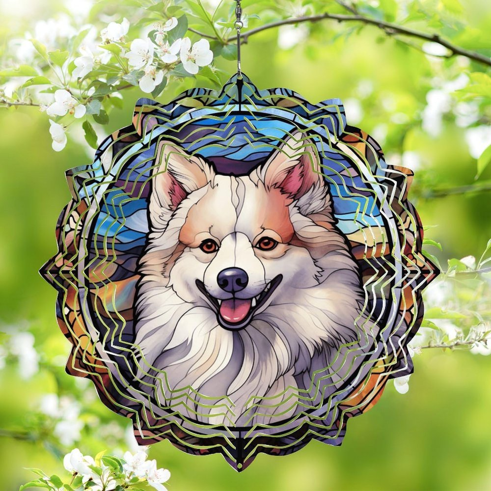1 Pack American Eskimo Dog Dog Wind Spinners 10 Inch Stained Glass Dog Farmhouse Flowers Shape Design 3D Christmas Ornament for Home Front Door Window Dog Lover Gift for Women Men