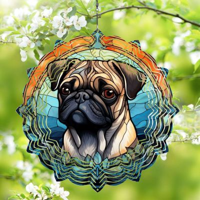 1 Pack Pug Dog Hanging Wind Spinner 10 Inch Stained Glass Dog Outdoor Flowers Shape Design Laser Cut Metal Kinetic Art Wind Spinner for Yard Front Door Home Dog Lovers Gift for Christmas