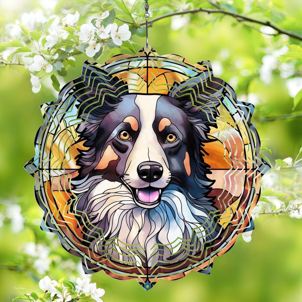 1 Pack Border Collie Dog Wind Spinner 10 Inch Stained Glass Dog Front Door Flowers Shape Design Metal Wind Spinners for Balcony Farmhouse Home Dog Owner Worth Gift