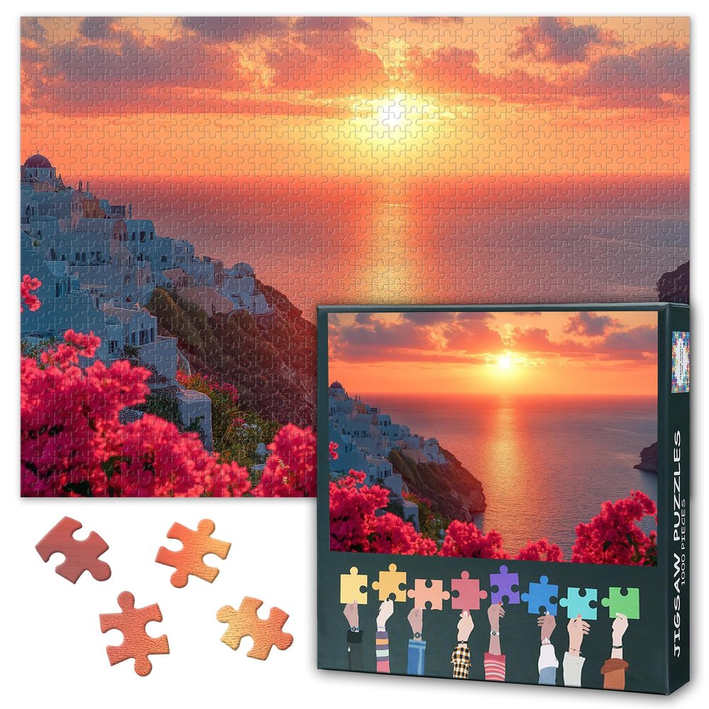Puzzles for Adults 1000 Pieces, Aegean Sea Jigsaw Puzzles, Bougainvillea Adult Puzzle for Adults, Educational Fun Games or Toys for Elders Friends 20X27 INCH