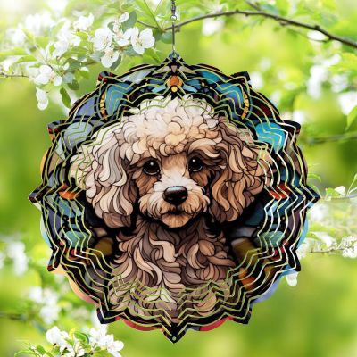 1 Pack Poodle Dog Hanging Wind Spinners 10 Inch Stained Glass Dog Front Door Flowers Shape Design Metal Wind Sculpture Decorations for Balcony Outdoor Porch Dog Mom Dad Gift for Women Men