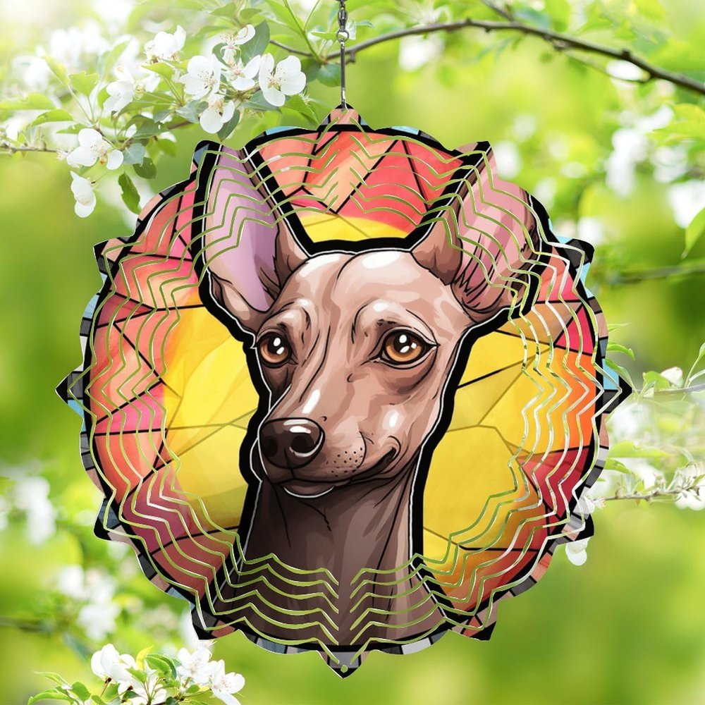 1 Pack American Hairless Terrier Dog Wind Spinners 10 Inch Stained Glass Dog Porch Flowers Shape Design Metal 3D Hanging Art for Indoor Yard Window Dog Owner Worth Gift