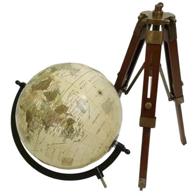 Antique 8 inch dia. World Map Globe with Wooden Tripod  Vintage Tabletop Nautical Decor